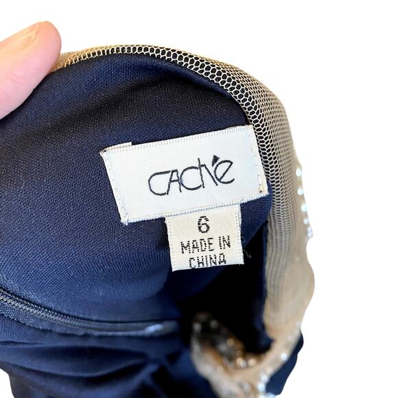 Caché Navy Tiered Bodycon with Jewels Pearls Mesh Evening Gown Mini Dress Size 6 - Picture 9 of 11